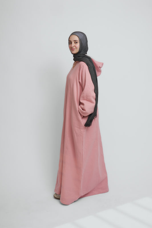 Longline Hoodie Dress In Dusty Pink